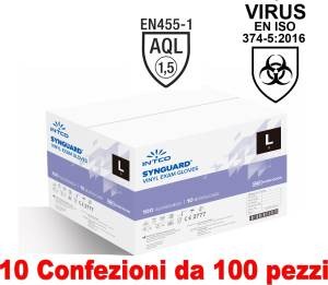 10Conf. da 100pz - Taglia L - Guanti Vinyl Uso Medico Senza Polvere